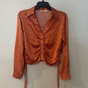 Rust Polka Dot Ruched Button-Front Women's Top by Lush